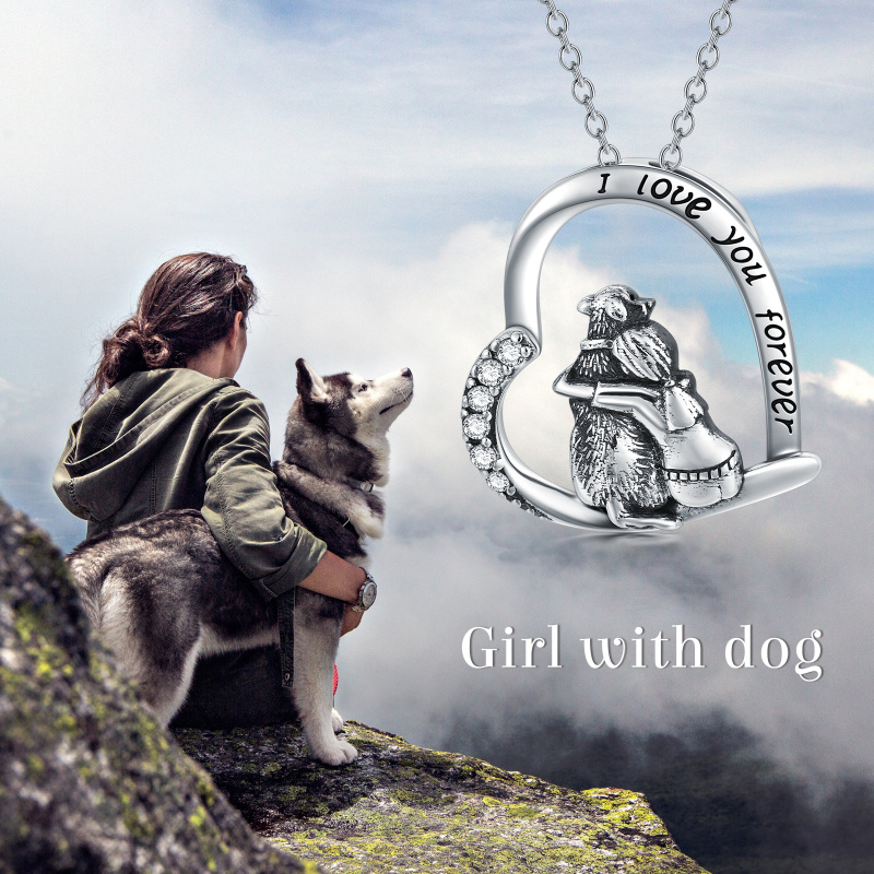 Sterling Silver Heart Shaped Cubic Zirconia Dog & Heart Pendant Necklace with Engraved Word-5