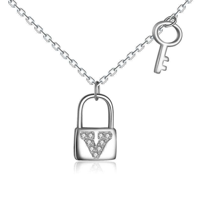 Sterling Silver Cubic Zirconia Key & Lock Pendant Necklace-18