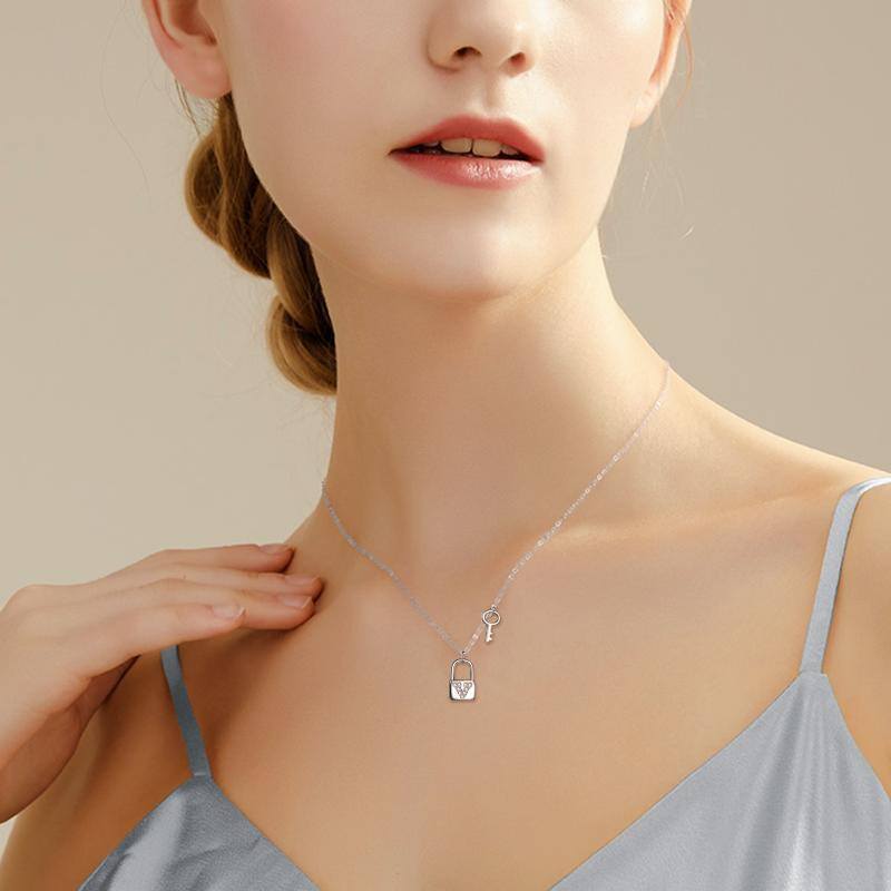 Sterling Silver Cubic Zirconia Key & Lock Pendant Necklace-2