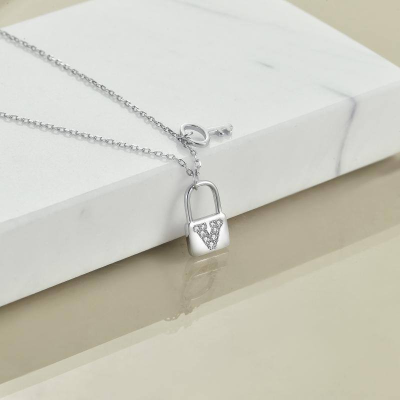 Sterling Silver Cubic Zirconia Key & Lock Pendant Necklace-3