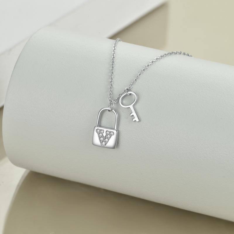 Sterling Silver Cubic Zirconia Key & Lock Pendant Necklace-4