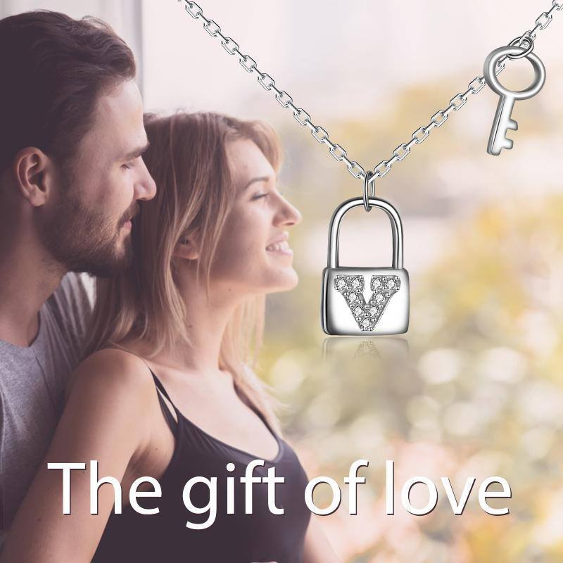 Sterling Silver Cubic Zirconia Key & Lock Pendant Necklace-5