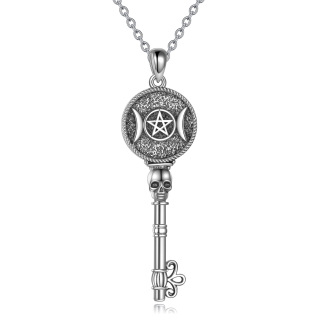 Sterling Silver Key & Skull Pendant Necklace-3