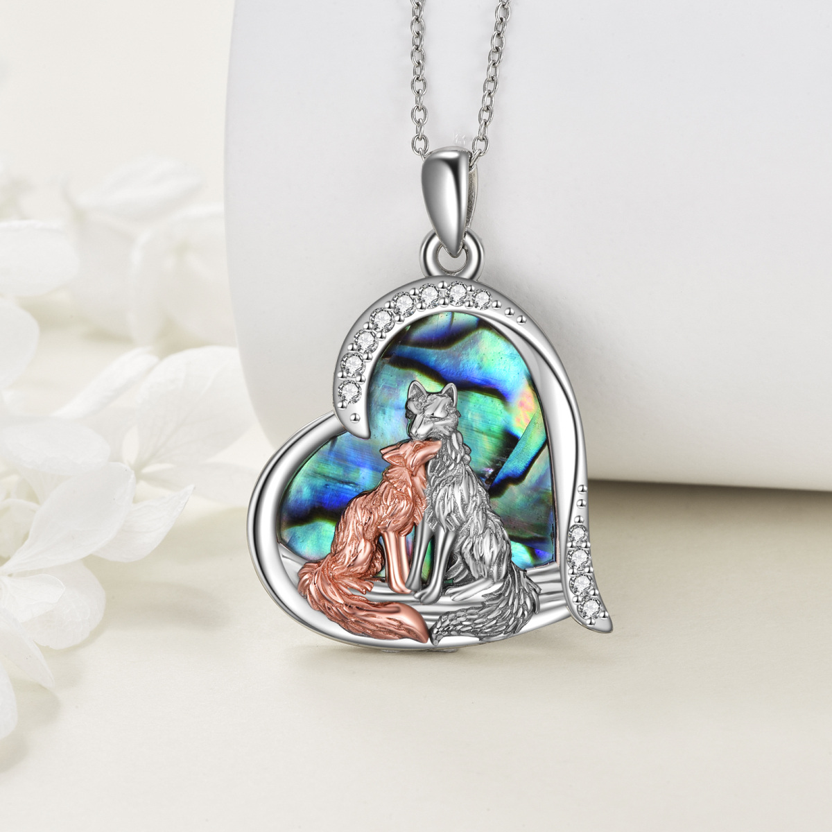 Sterling Silver Two-tone Abalone Shellfish Fox Pendant Necklace for Women-3