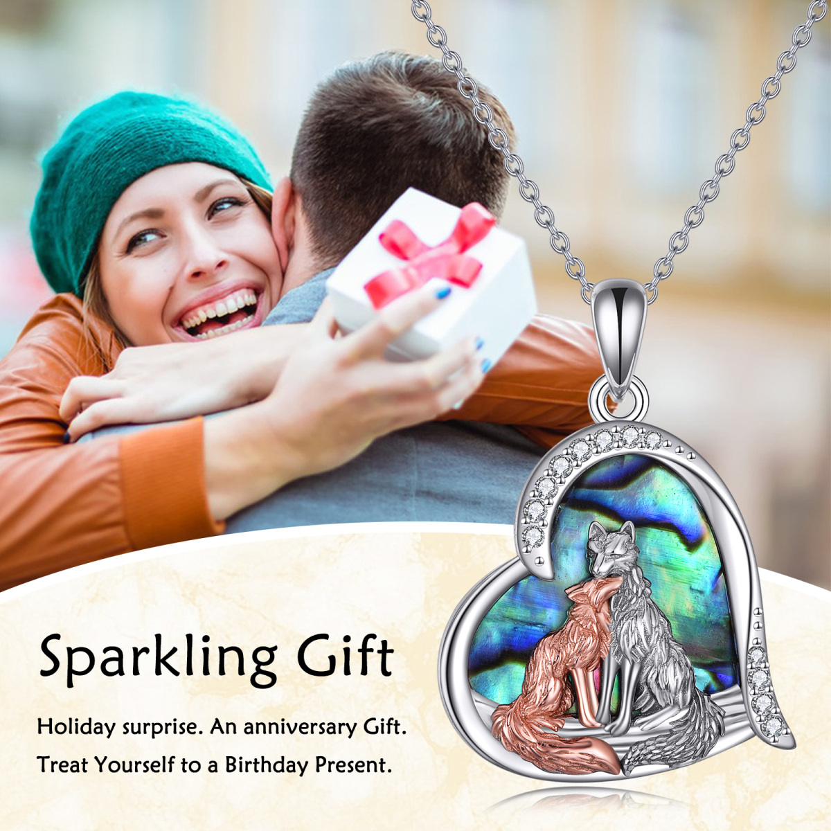 Sterling Silver Two-tone Abalone Shellfish Fox Pendant Necklace for Women-6