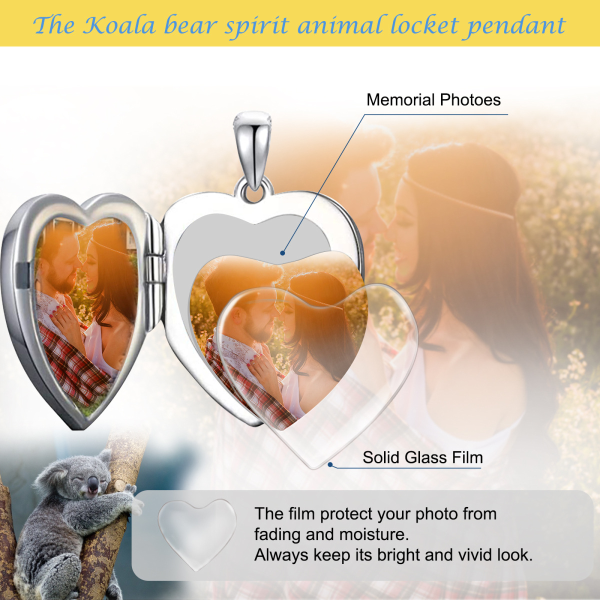 Plata de ley Koala Corazón Personalizado Grabado Foto Locket Collar-7