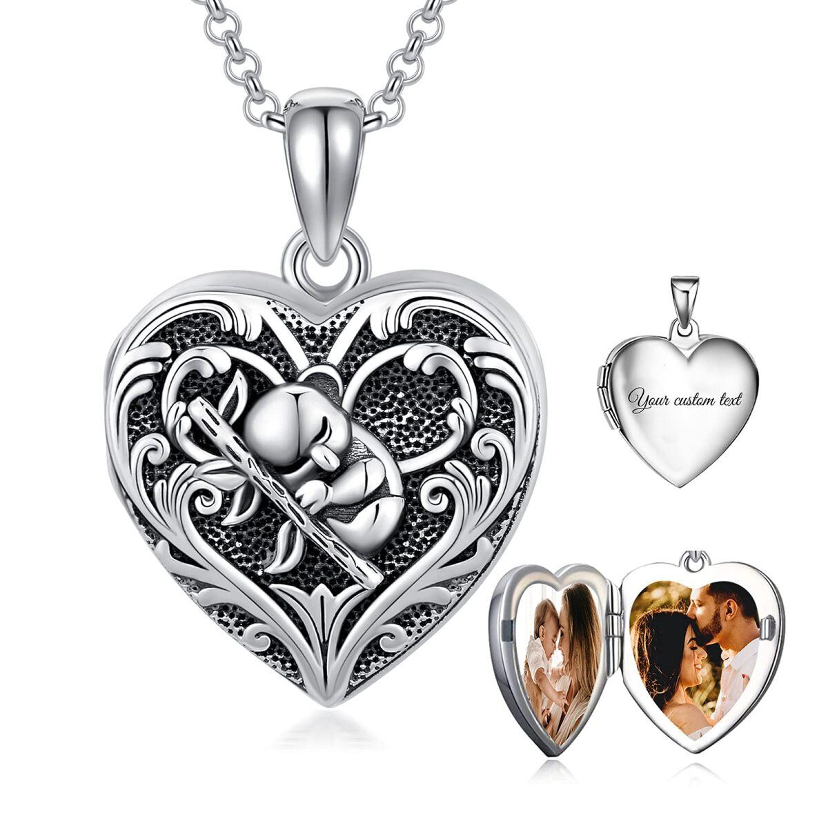 Sterling Silver Koala Heart Personalized Engraving Photo Locket Necklace-1