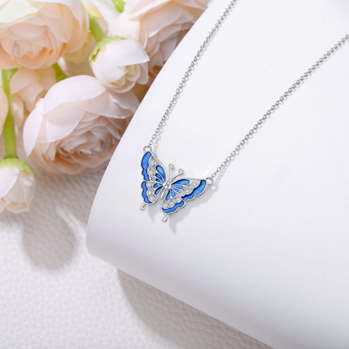 Sterling Silver Lab Created Diamond Butterfly Pendant Necklace-4