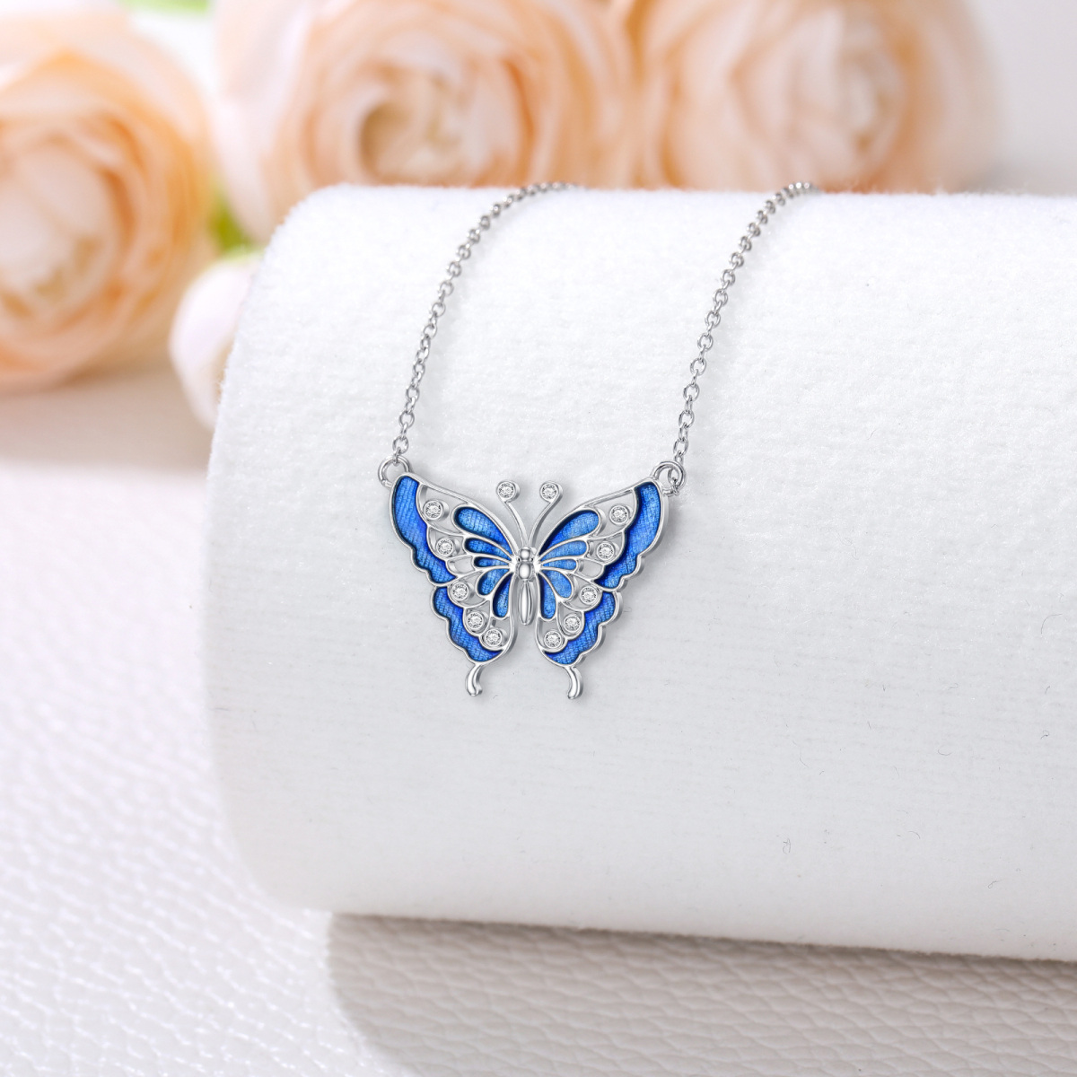 Sterling Silver Lab Created Diamond Butterfly Pendant Necklace-5