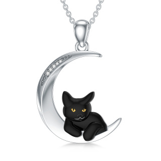 Sterling Silver Lab Created Diamond Cat & Moon Pendant Necklace-4