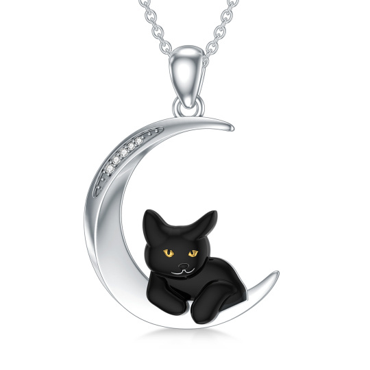 Sterling Silver Lab Created Diamond Cat & Moon Pendant Necklace