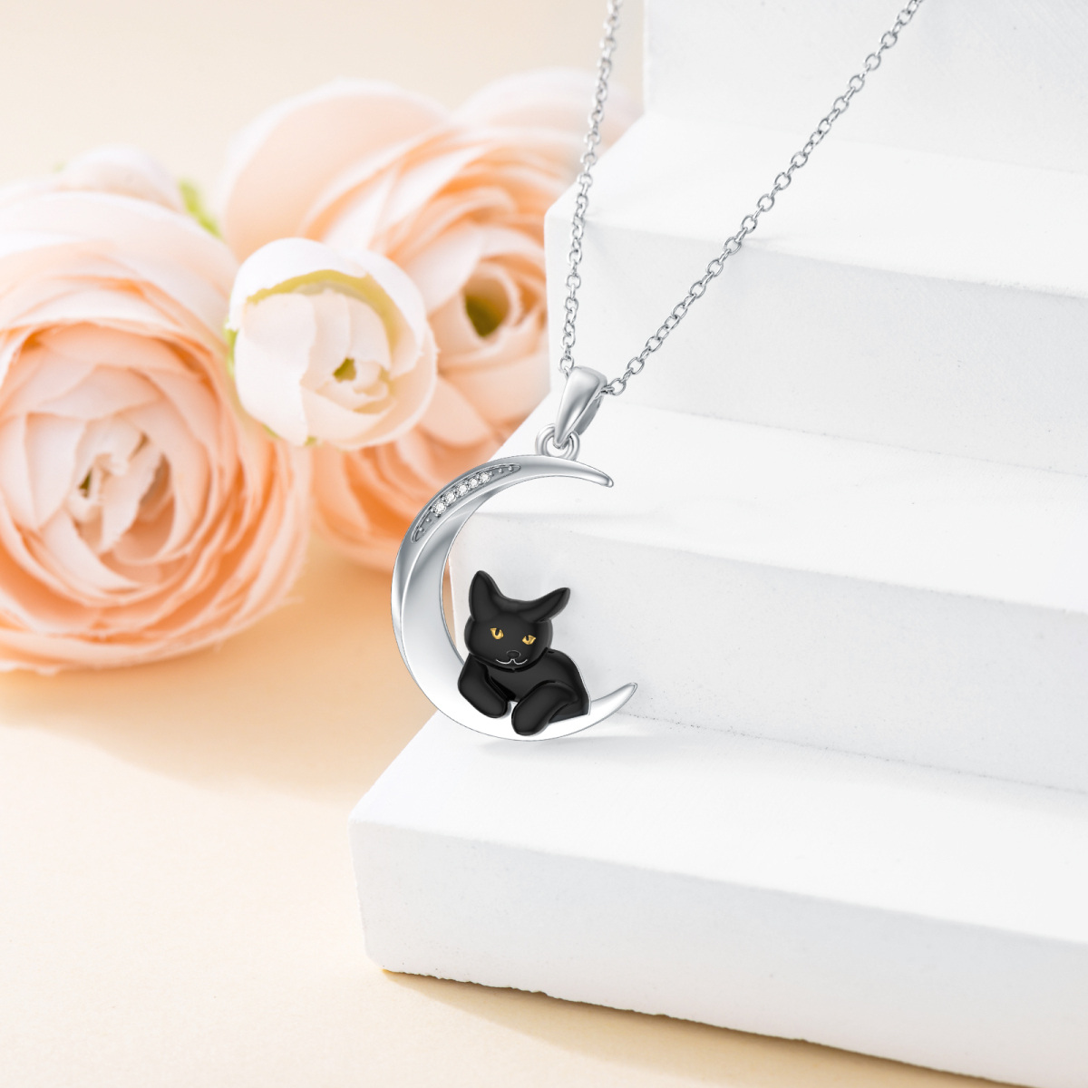 Sterling Silver Lab Created Diamond Cat & Moon Pendant Necklace-3