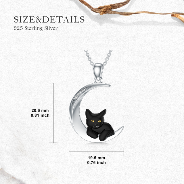 Sterling Silver Lab Created Diamond Cat & Moon Pendant Necklace-5