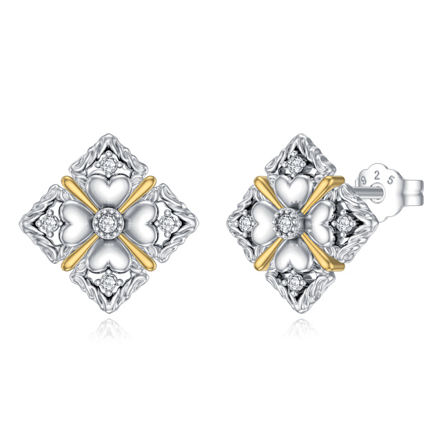 Boucles d'oreilles à tige en forme de cœur en forme de trèfle à quatre feuilles et de diamants créés en laboratoire en argent sterling-1