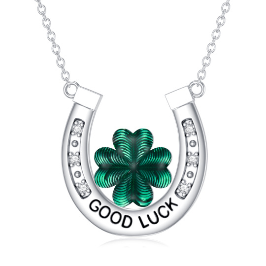 Sterling Silver Lab Created Diamond Four Leaf Clover & Horseshoe Pendant Necklace with Engraved Word