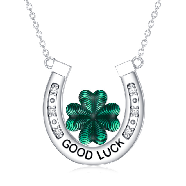 Sterling Silver Lab Created Diamond Four Leaf Clover & Horseshoe Pendant Necklace with Engraved Word-1