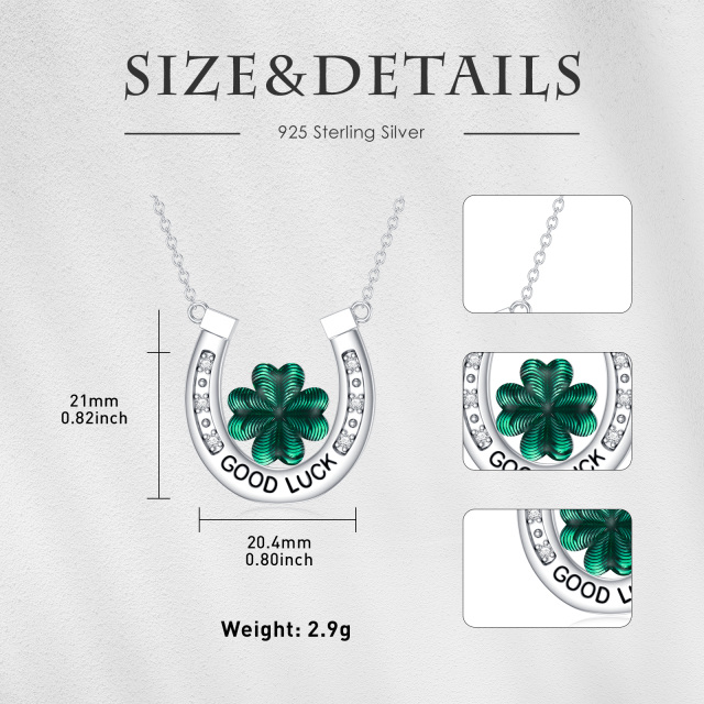 Sterling Silver Lab Created Diamond Four Leaf Clover & Horseshoe Pendant Necklace with Engraved Word-5