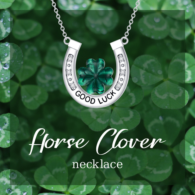 Sterling Silver Lab Created Diamond Four Leaf Clover & Horseshoe Pendant Necklace with Engraved Word-6