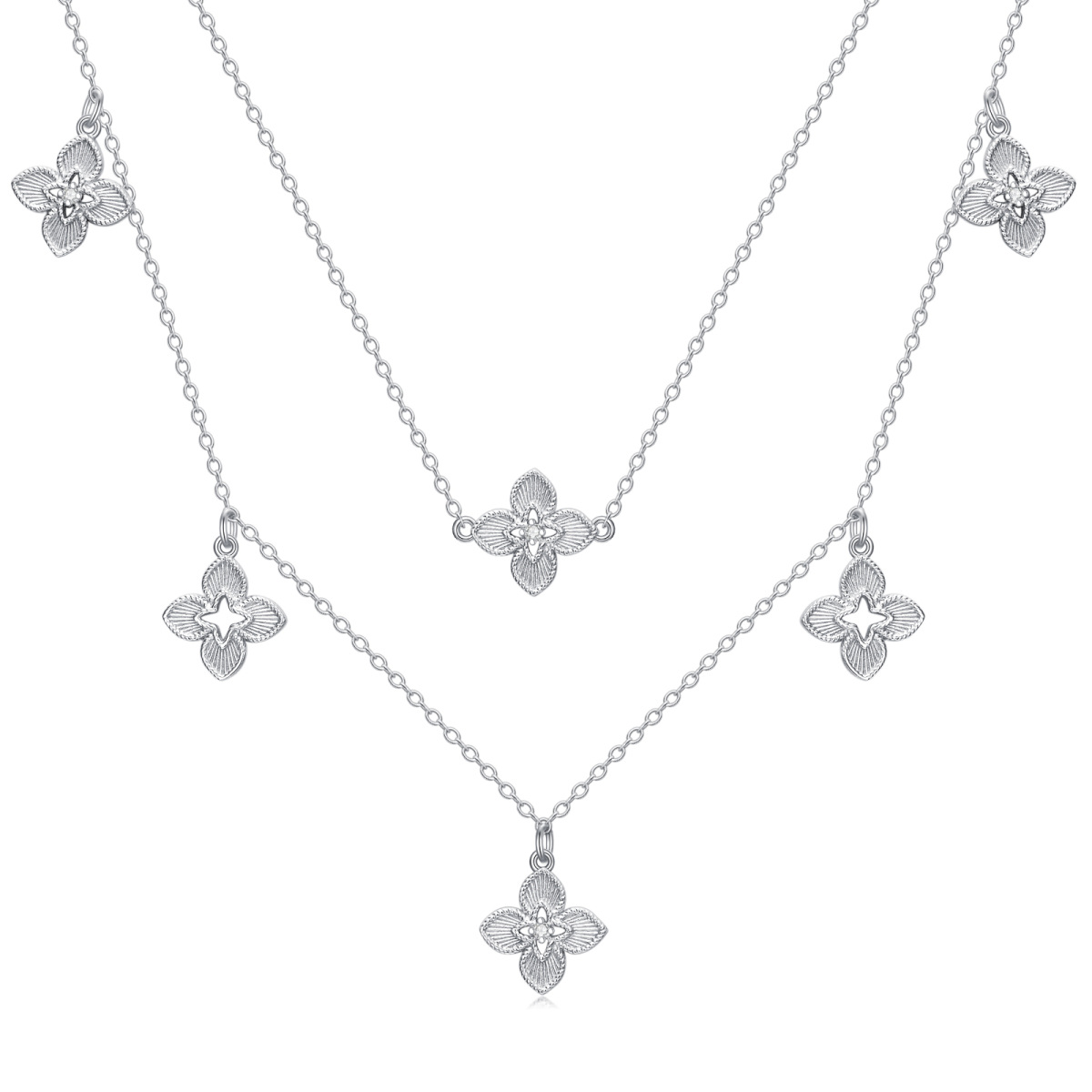 Sterling Silver Lab Created Diamond Four Leaf Clover Layered Necklace-1