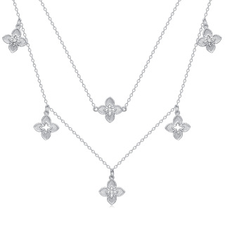 Sterling Silver Lab Created Diamond Four Leaf Clover Layered Necklace-20