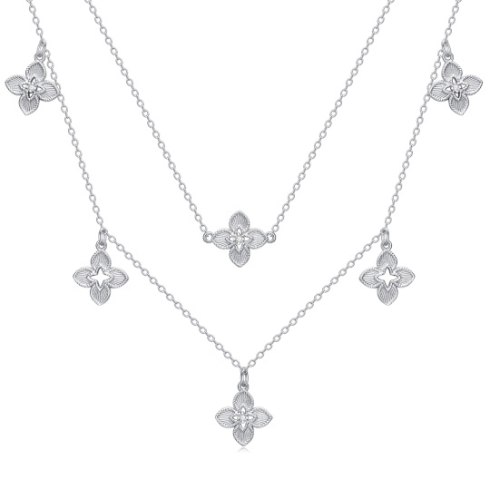 Sterling Silver Lab Created Diamond Four Leaf Clover Layered Necklace