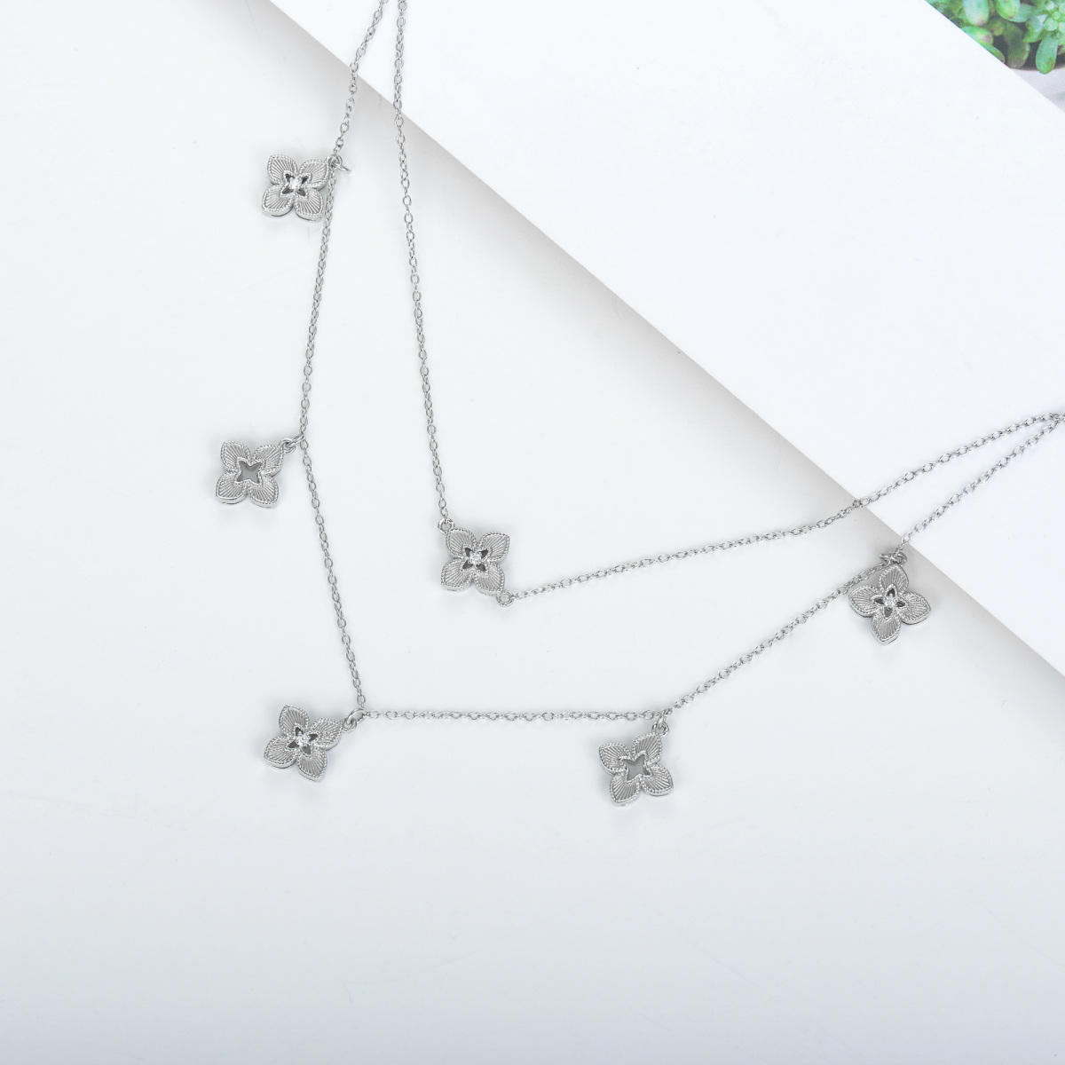 Collier superposé en argent sterling avec diamant créé en laboratoire et trèfle à quatre f-3