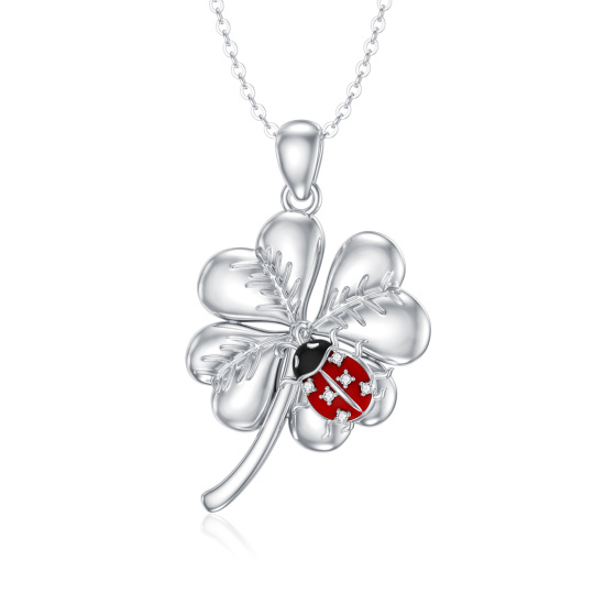 Sterling Silver Lab Created Diamond Ladybug & Four Leaf Clover Pendant Necklace