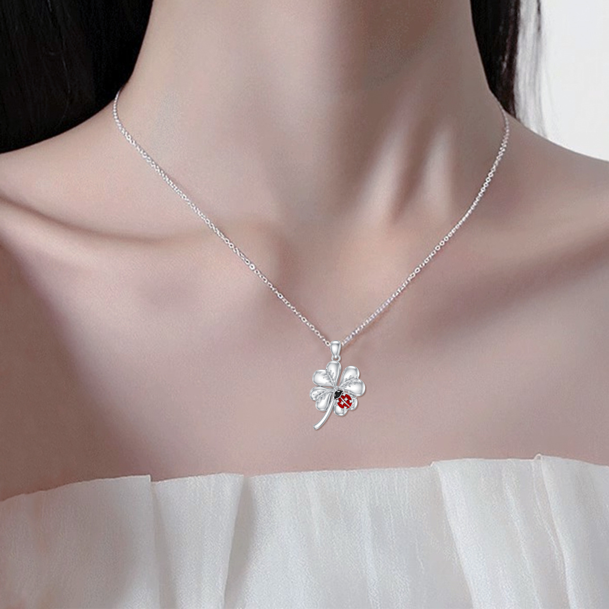 Collier en argent sterling avec pendentif coccinelle et trèfle à quatre feuilles en diaman-2