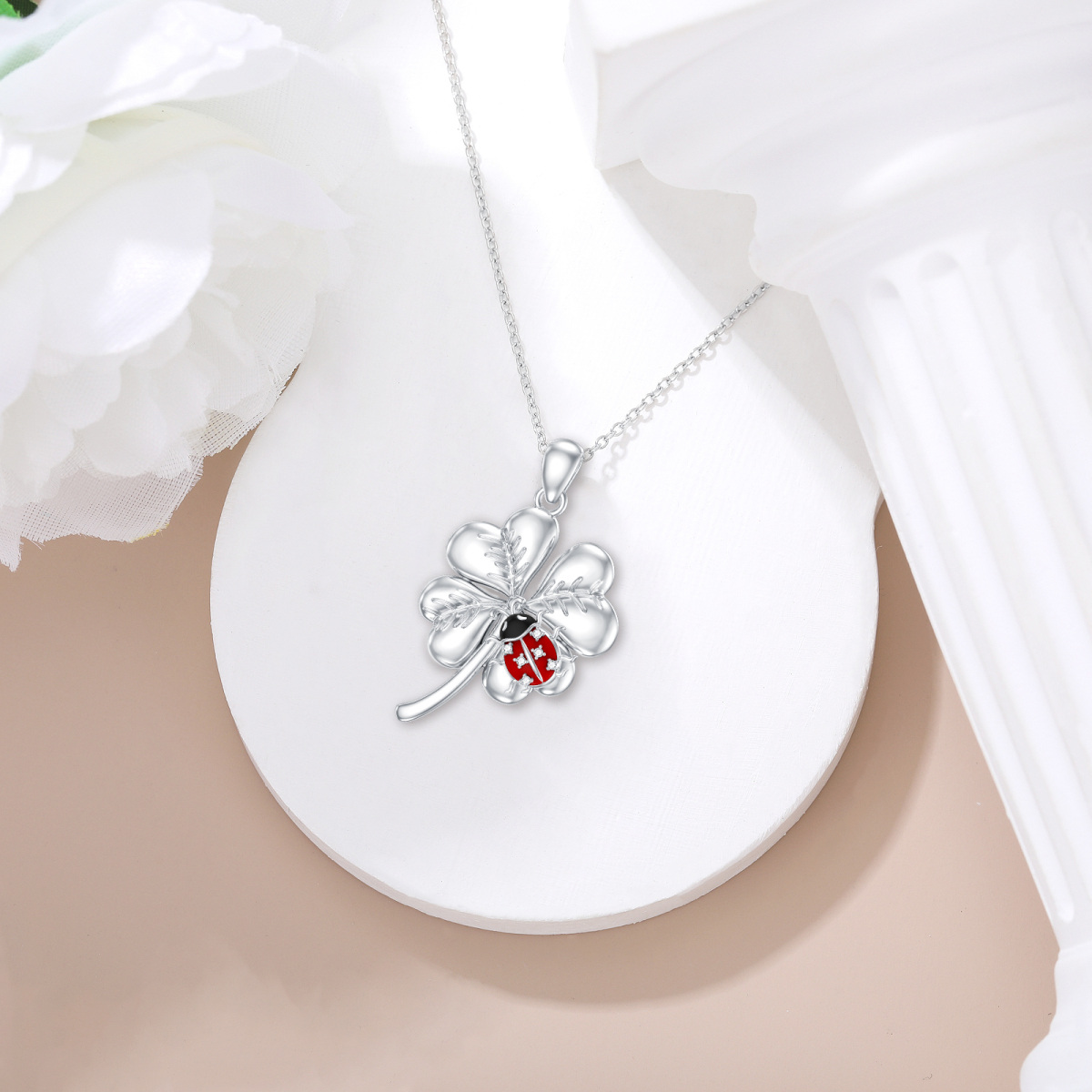 Sterling Silver Lab Created Diamond Ladybug & Four Leaf Clover Pendant Necklace-4