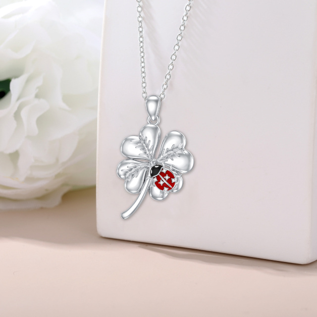 Sterling Silver Lab Created Diamond Ladybug & Four Leaf Clover Pendant Necklace-5