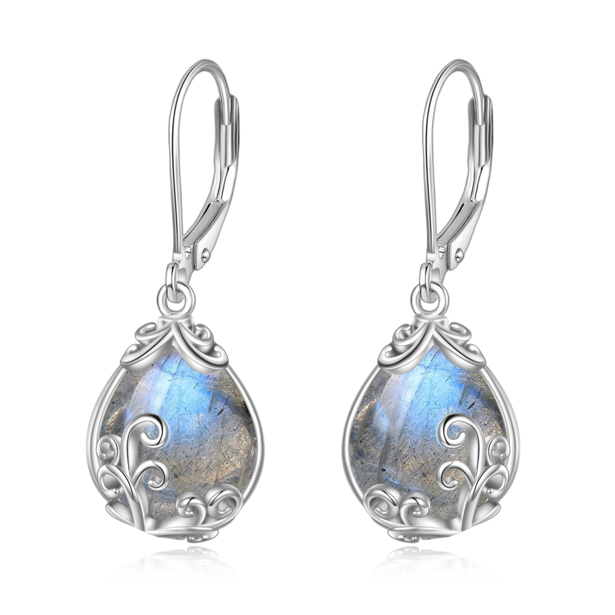 Sterling Silver Lablagite Drop Shape & Filigree Lever-back Earrings-1