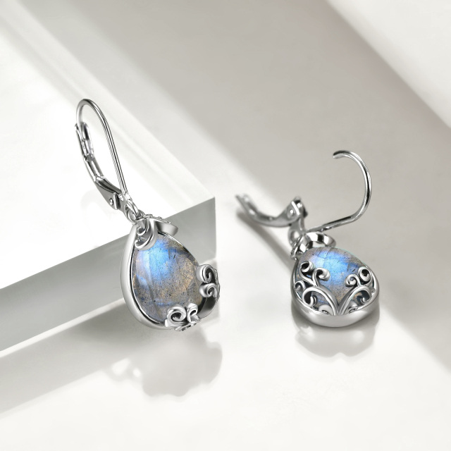 Sterling Silver Lablagite Drop Shape & Filigree Lever-back Earrings-5