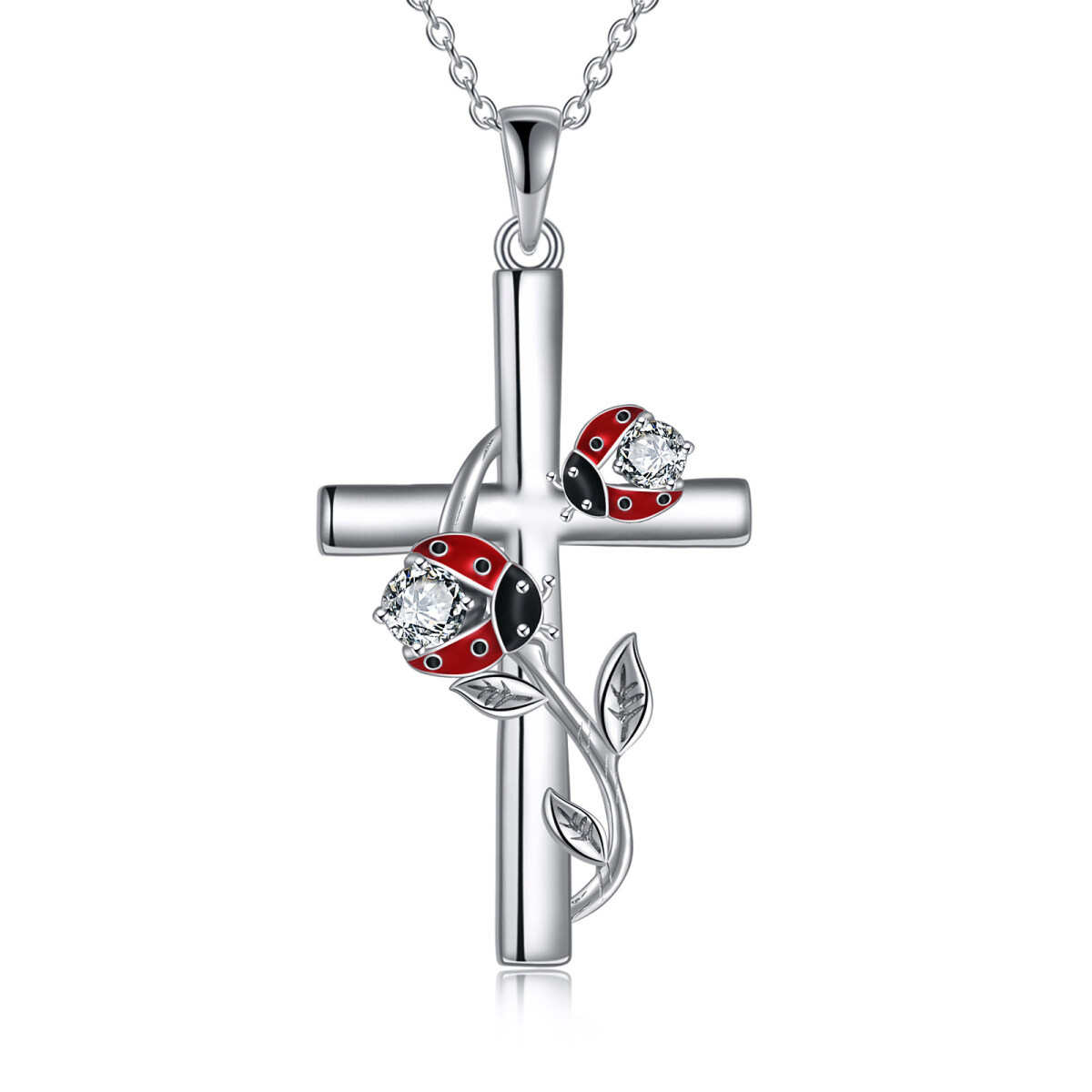 Sterling Silber Cubic Zirkonia Marienkäfer & Kreuz Anhänger Halskette-1