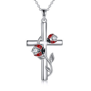 Sterling Silver Cubic Zirconia Ladybug & Cross Pendant Necklace-18