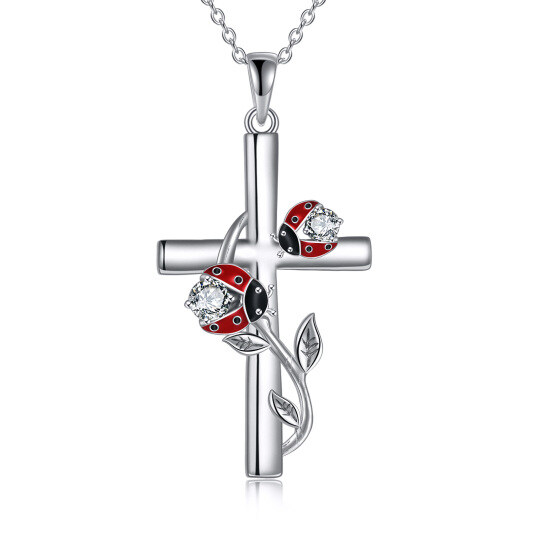 Collana con ciondolo a forma di coccinella e croce in argento sterling con zirconia cubica