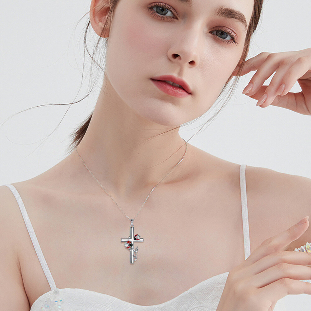 Sterling Silver Cubic Zirconia Ladybug & Cross Pendant Necklace-2