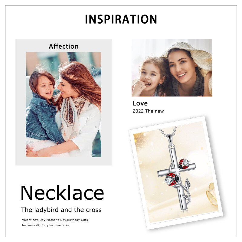 Sterling Silver Cubic Zirconia Ladybug & Cross Pendant Necklace-3