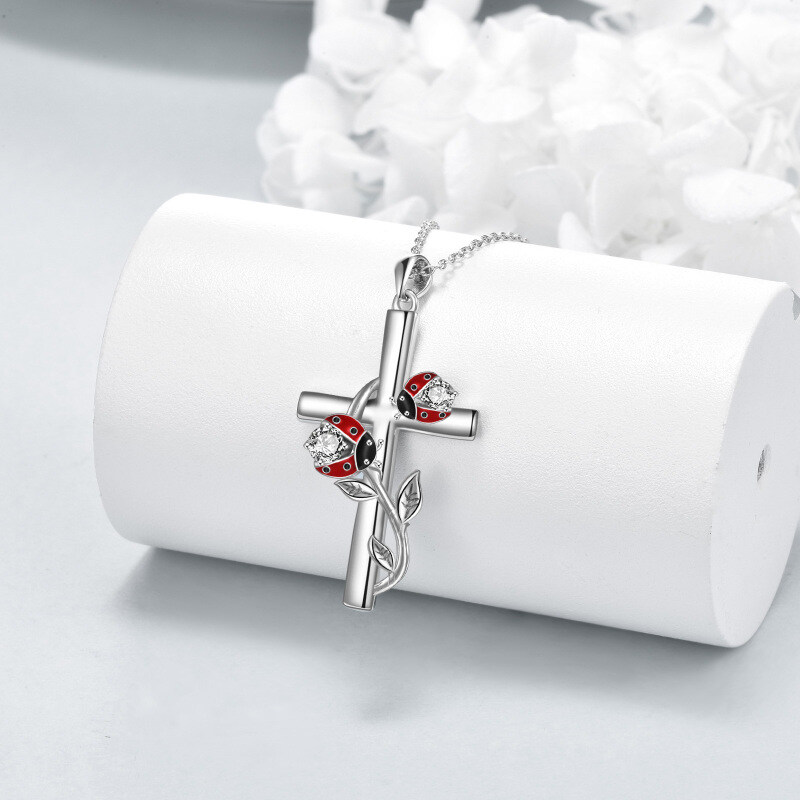 Sterling Silver Cubic Zirconia Ladybug & Cross Pendant Necklace-4