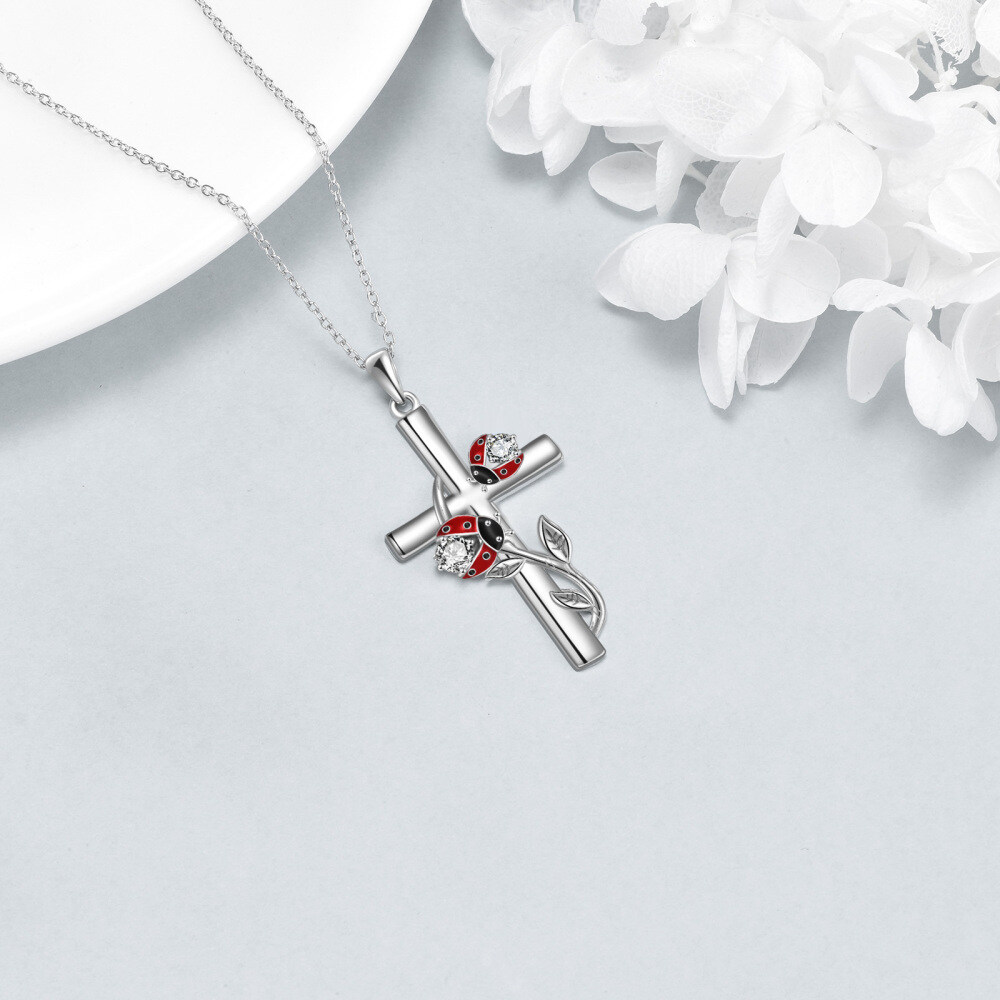 Sterling Silver Cubic Zirconia Ladybug & Cross Pendant Necklace-5