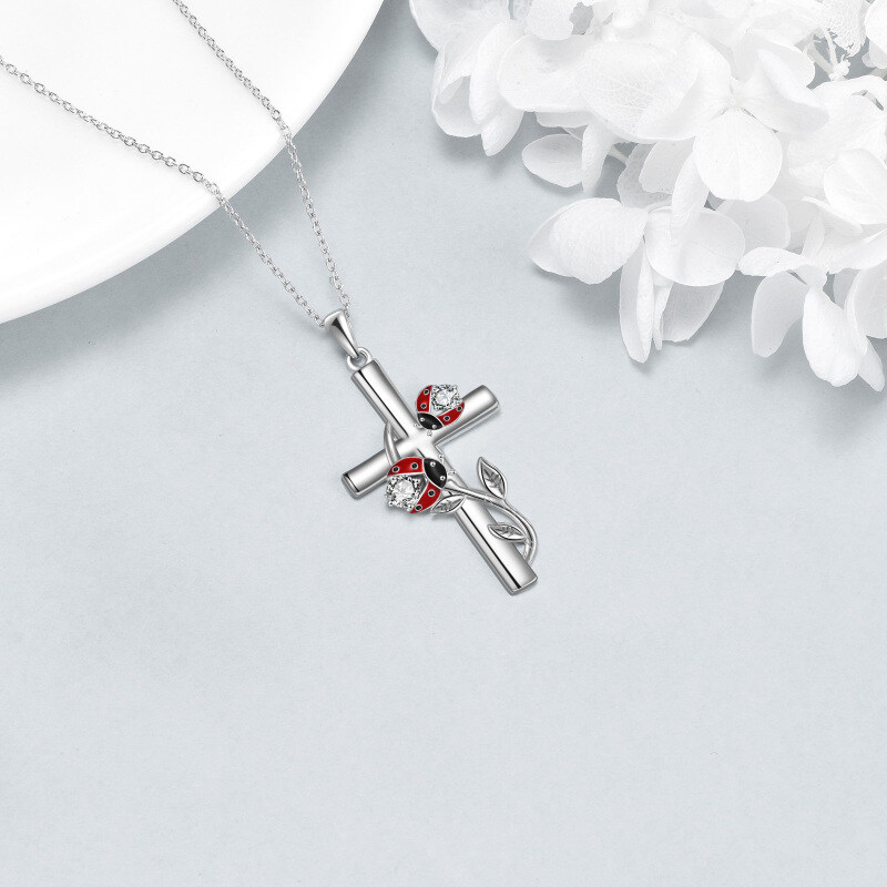Sterling Silver Cubic Zirconia Ladybug & Cross Pendant Necklace-5
