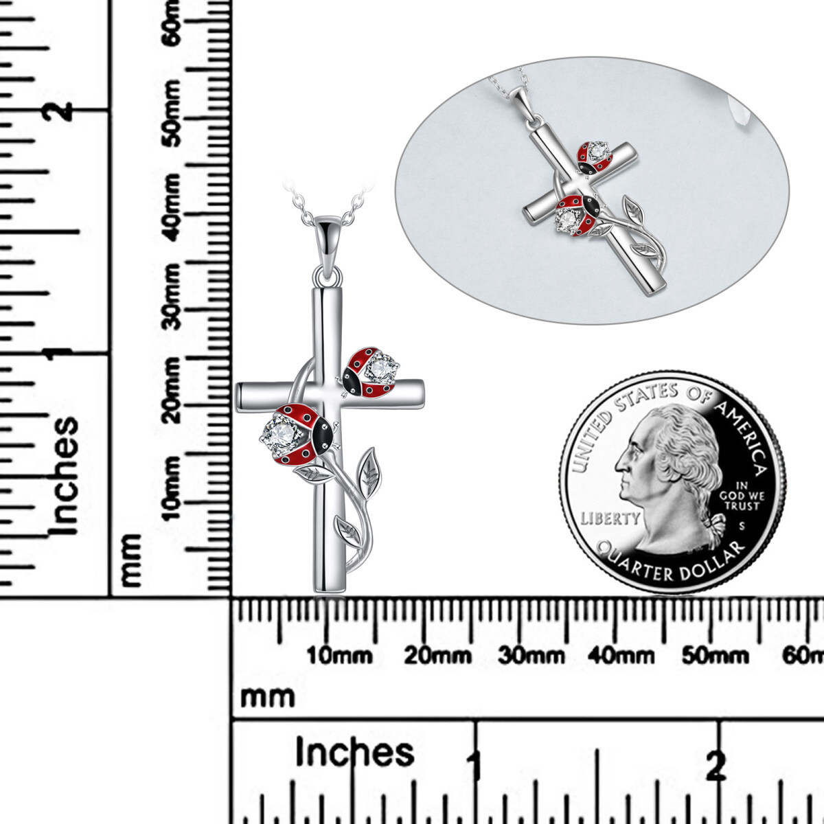 Sterling Silber Cubic Zirkonia Marienkäfer & Kreuz Anhänger Halskette-6