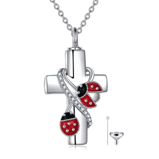 Sterling Silver Cubic Zirconia Ladybug & Cross Urn Necklace for Ashes with Engraved Word-2