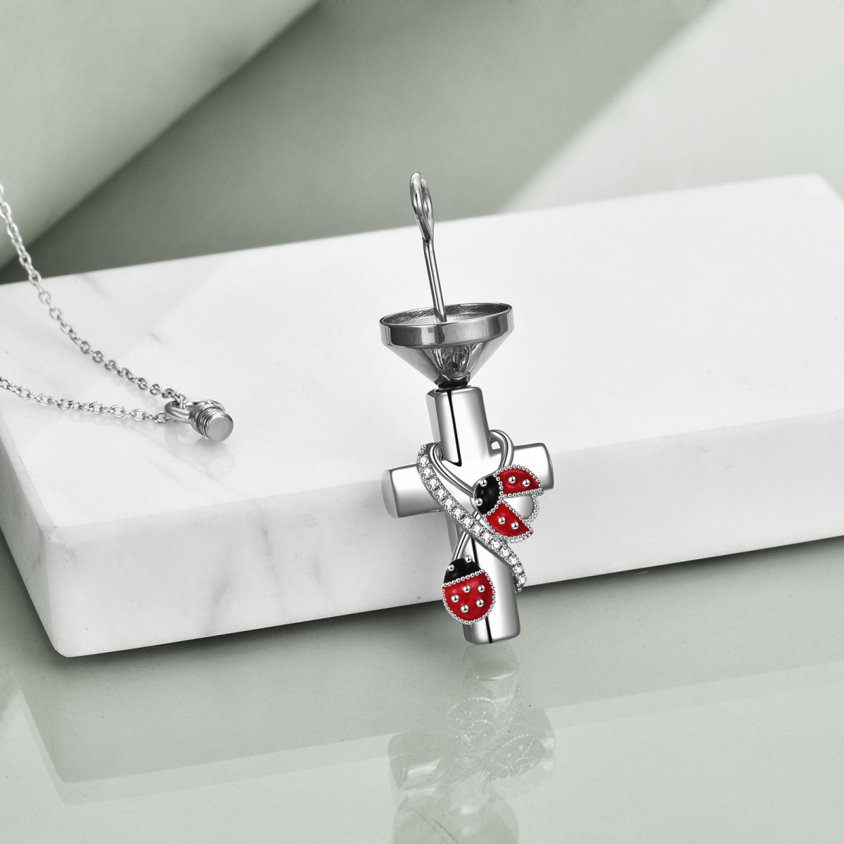 Sterling Silver Cubic Zirconia Ladybug & Cross Urn Necklace for Ashes with Engraved Word-3