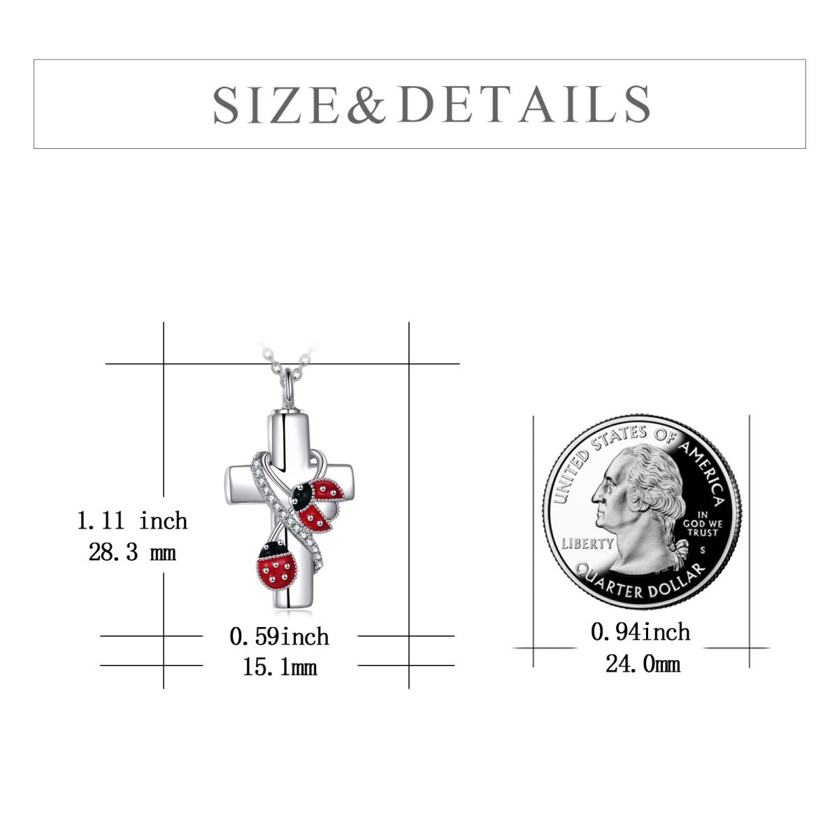 Sterling Silver Cubic Zirconia Ladybug & Cross Urn Necklace for Ashes with Engraved Word-5