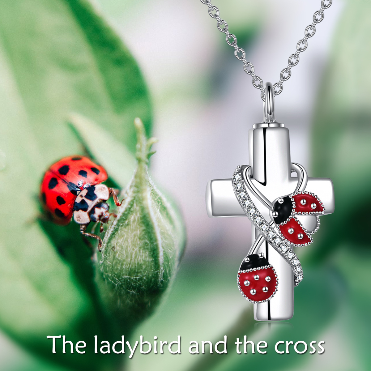 Sterling Silver Cubic Zirconia Ladybug & Cross Urn Necklace for Ashes with Engraved Word-6