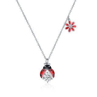 Sterling Silver Cubic Zirconia Ladybug & Flower Pendant Necklace-51