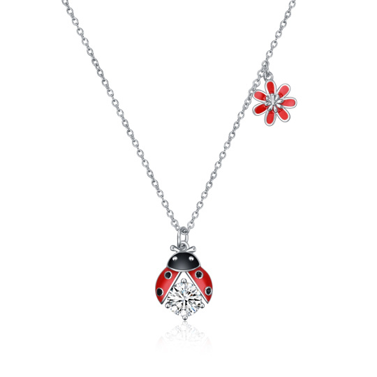 Sterling zilveren cubic zirconia lieveheersbeestje en bloem hanger ketting