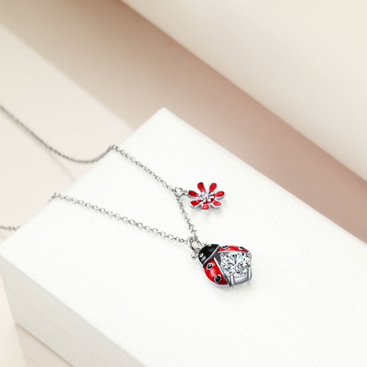 Sterling Silver Cubic Zirconia Ladybug & Flower Pendant Necklace-3