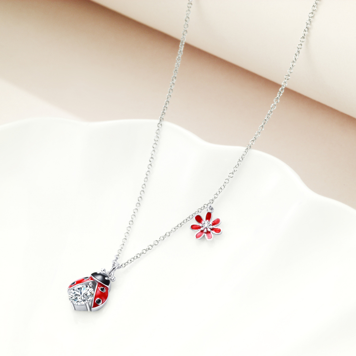 Sterling Silver Cubic Zirconia Ladybug & Flower Pendant Necklace-4