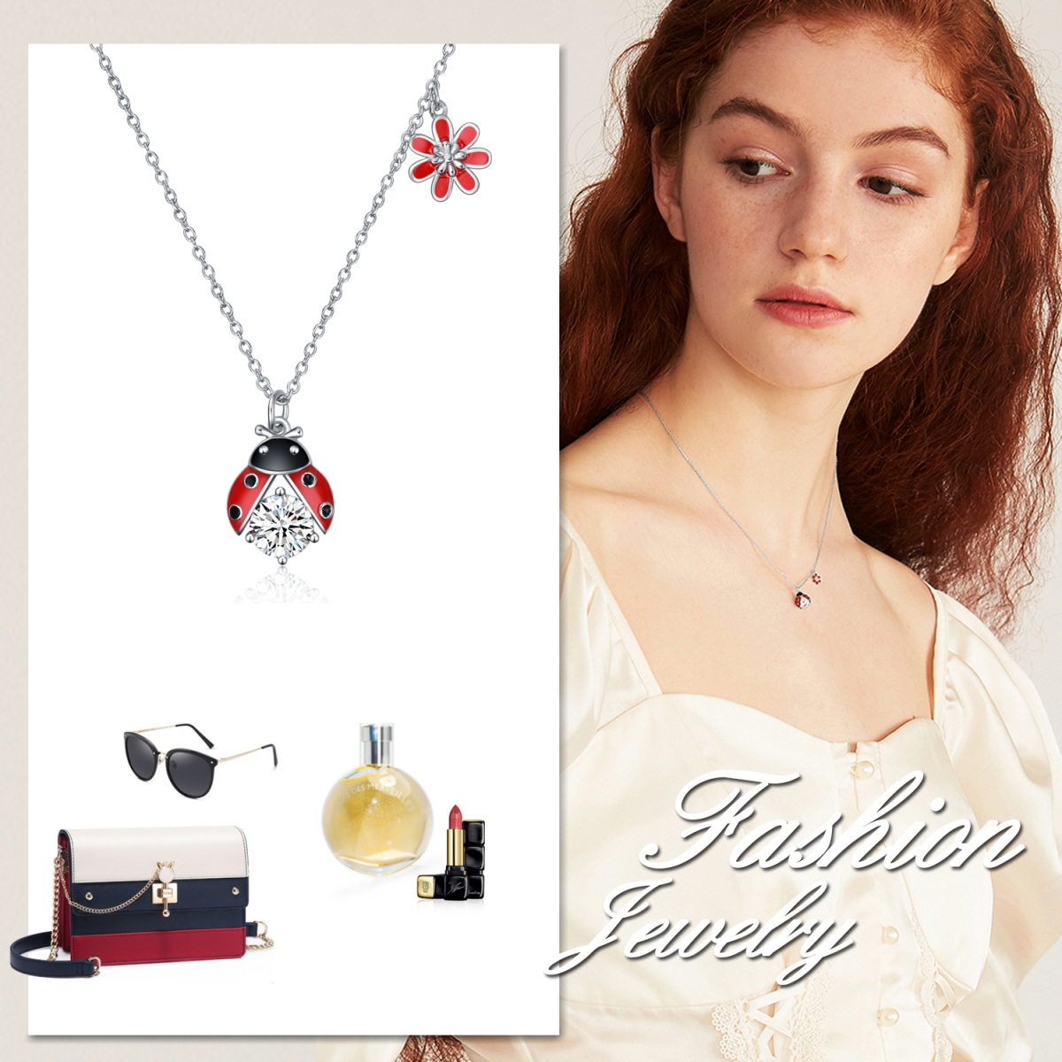 Collier en argent sterling avec pendentif coccinelle et fleur en zircon cubique-5